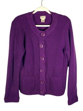 L.L. Bean Womens Purple Button-Front Cardigan Sweater Size M Pockets Chunky Knit